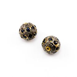 925 Sterling Silver Pave Diamond Beads with Sapphire Stone, Round Ball Shape-14.50x15.50mm, Gold And Black Rhodium Plating. Sold By 1 Pcs, F-1811