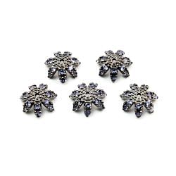 925 Sterling Silver Pave Diamond Bead with Iolite Stone, Flower Shape-13.00mm, Black Rhodium Plating. Sold By 1 Pcs, F-2076