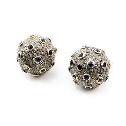 925 Sterling Silver Pave Diamond Bead with Sapphire Stone, Round Ball Shape-16.00mm, Gold And Black Rhodium Plating. Sold By 1 Pcs, F-2103