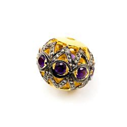 925 Sterling Silver Pave Diamond Bead with Amethyst Stone, Roundel Shape-21.00x18.00mm, Gold And Black Rhodium Plating. Sold By 1 Pcs, F-2107