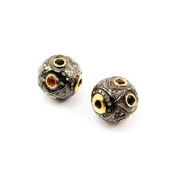 925 Sterling Silver Pave Diamond Bead with Tourmaline Stone, Round Ball Shape-13.00x13.00mm, Gold And Black Rhodium Plating. Sold By 1 Pcs, F-2125