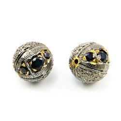 925 Sterling Silver Pave Diamond Bead with Sapphire Stone, Round Ball Shape-13.50mm, Gold And Black Rhodium Plating. Sold By 1 Pcs, F-2146