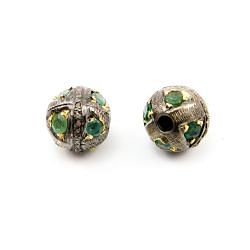 925 Sterling Silver Pave Diamond Bead with Emerald Stone, Roundel Shape-10.00x11.00mm, Gold And Black Rhodium Plating. Sold By 1 Pcs, F-2150