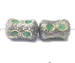925 Sterling Silver Pave Diamond Bead with Emerald Stone, Drum Shape-21.50x13.50mm, Gold And Black Rhodium Plating. Sold By 1 Pcs, F-2300