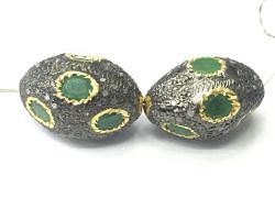 925 Sterling Silver Pave Diamond Bead with Emerald Stone, Oval Shape-21.00x14.00mm, Gold And Black Rhodium Plating. Sold By 1 Pcs, F-2304