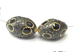 925 Sterling Silver Pave Diamond Bead with Sapphire Stone, Oval Shape-21.50x14.00mm, Gold And Black Rhodium Plating. Sold By 1 Pcs, F-2305