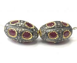 925 Sterling Silver Pave Diamond Bead with Ruby Stone, Oval Shape-22.00x14.00mm, Gold And Black Rhodium Plating. Sold By 1 Pcs, F-2314