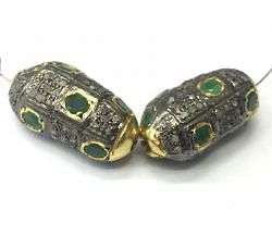 925 Sterling Silver Pave Diamond Bead with Emerald Stone, Nugget Shape-25.00x14.00x11.00mm, Gold And Black Rhodium Plating. Sold By 1 Pcs, F-2322