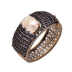 925 Sterling Silver   Diamond Bangle With Sapphire & Pearl Stone - J-1067