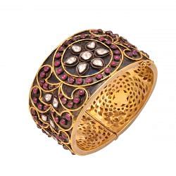 925 Sterling Silver Gold Black Rhodium Bangle Studded with Ruby Stone - J-1071