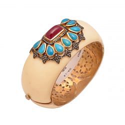 925 Sterling Silver  Bangle with Rose Cut Diamond With Bakelite, Ruby, Turquoise Stone - J-1077