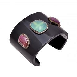 925 Sterling Silver  Bangle Studded with Rose Cut Diamond & With Bakelite, Sapphire, Sky blue Chalcedony Stone - J-1080