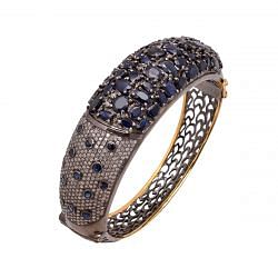 925 Sterling Silver Diamond Bangle In Rose Cut Diamond Studded With Blue Sapphire Stone - J-1093