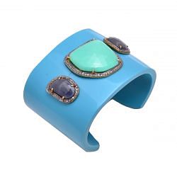 925 Sterling Silver Diamond Bangle With Agate And Blue Sapphire Stone J-1097