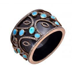 Beautiful 925 Sterling Silver Bangle With Rose Cut Diamond & Bakelite and Turquoise Stone.  J-1100