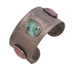 925 Sterling Silver Diamond Bangle in Rose Cut Diamond And Emerald, Pink Sapphire Stone - J-1189 