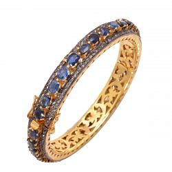 925 Sterling Silver Bangle With Rose Cut Natural Diamonds And Kyanite Stone,  J-1217