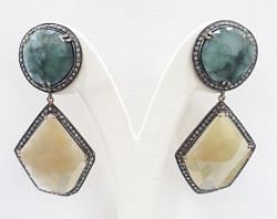 Stunning 925 Sterling Silver Diamond Earring With  Emerald, Sapphire Stone -  J-1353