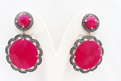 Stunning 925 Sterling Silver Diamond Earring With Pink Chalcedony Stone -  J-1363