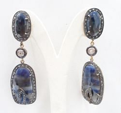  925 Sterling Silver Diamond Earring In Polki Diamond & Sapphire Stone -  J-1370