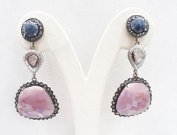  Fancy 925 Sterling Diamond Earring With Sapphire Stone In Black Rhodium Plating -  J-1379