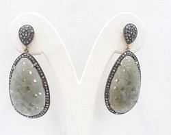 Natural 925 Sterling Silver Diamond Earring  In  Green Sapphire Stone -  J-1420