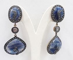 Beautiful 925 Sterling Silver Diamond Earring Studded With Blue Sapphire Stone - J-1422