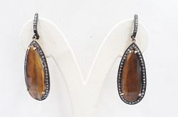 Lovely 925 Sterling Silver Diamond Earring Studded With  Tiger Eyes Stone - J-1432