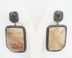 Black Rhodium Plated 925 Sterling Silver Diamond Earring In Yellow Sapphire, Kyanite Stone - J-1450