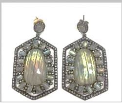  925 Sterling Silver Diamond Earring With Sapphire & Rainbow Moonstone Stone -  J-1487