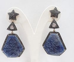 925 Sterling Silver Diamond Earring Studded With Polki Diamond And Blue Sapphire Stone - J-1488