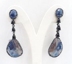 Stunning 925 Sterling Silver Diamond Earring With Blue Sapphire, Black Onyx Stone - J-1490
