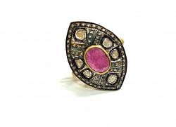 Victorian Jewelry, Silver Diamond Ring With Rose Cut Diamond, Polki Diamond And Ruby Stone Studded In 925 Sterling Silver Gold, Black Rhodium Plating. J-1531