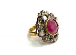 Victorian Jewelry, Silver Diamond Ring With Rose Cut Diamond, Polki Diamond And Ruby Stone Studded  In 925 Sterling Silver Gold, Black Rhodium Plating. J-1550