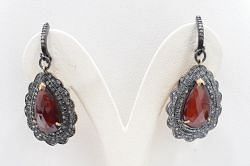 925 Sterling Silver Diamond Earring With Rose Cut Diamond And Hessonite Garnet Stone   - J-1760