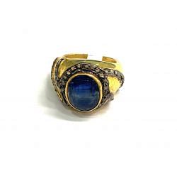 Victorian Jewelry, Silver Diamond Ring With Rose Cut Diamond And Kyanite Stone Studded  In 925 Sterling Silver Gold, Black Rhodium Plating. J-1803