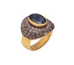Victorian Jewelry, Silver Diamond Ring With Rose Cut Diamond And Kyanite Stone Studded  In 925 Sterling Silver Gold, Black Rhodium Plating. J-1804