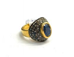 Victorian Jewelry, Silver Diamond Ring With Rose Cut Diamond And Kyanite Stone Studded  In 925 Sterling Silver Gold, Black Rhodium Plating. J-1811