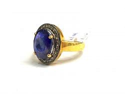 Victorian Jewelry, Silver Diamond Ring With Rose Cut Diamond And Kyanite Stone Studded  In 925 Sterling Silver Gold, Black Rhodium Plating. J-1813