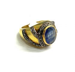 Victorian Jewelry, Silver Diamond Ring With Rose Cut Diamond And Kyanite Stone Studded  In 925 Sterling Silver Gold, Black Rhodium Plating. J-1814