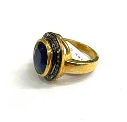 Victorian Jewelry, Silver Diamond Ring With Rose Cut Diamond And Kyanite Stone Studded  In 925 Sterling Silver Gold, Black Rhodium Plating. J-1816