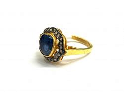 Victorian Jewelry, Silver Diamond Ring With Rose Cut Diamond And Kyanite Stone Studded  In 925 Sterling Silver Gold, Black Rhodium Plating. J-1820