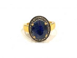 Victorian Jewelry, Silver Diamond Ring With Rose Cut Diamond And Kyanite Stone Studded  In 925 Sterling Silver Gold, Black Rhodium Plating. J-1823