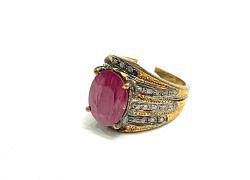 Victorian Jewelry, Silver Diamond Ring With Rose Cut Diamond And Ruby Stone Studded In 925 Sterling Silver Gold, Black Rhodium Plating. J-1848