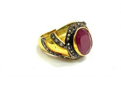 Victorian Jewelry, Silver Diamond Ring With Rose Cut Diamond And Ruby Stone Studded  In 925 Sterling Silver Gold, Black Rhodium Plating. J-1850