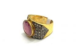 Victorian Jewelry, Silver Diamond Ring With Rose Cut Diamond And Ruby Stone Studded In 925 Sterling Silver Gold, Black Rhodium Plating. J-1855