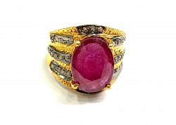 Victorian Jewelry, Silver Diamond Ring With Rose Cut Diamond And Ruby Stone Studded  In 925 Sterling Silver Gold, Black Rhodium Plating. J-1859