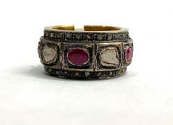 Victorian Jewelry, Silver Diamond Ring With Rose Cut Diamond, Polki And Ruby Stone Studded  In 925 Sterling Silver Gold, Black Rhodium Plating. J-1868