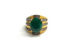 Victorian Jewelry, Silver Diamond Ring With Rose Cut Diamond, And Emerald Stone Studded In 925 Sterling Silver Gold, Black Rhodium Plating. J-1871