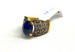 Victorian Jewelry, Silver Diamond Ring With Rose Cut Diamond, And Kyanite Stone Studded  In 925 Sterling Silver Gold, Black Rhodium Plating. J-1872